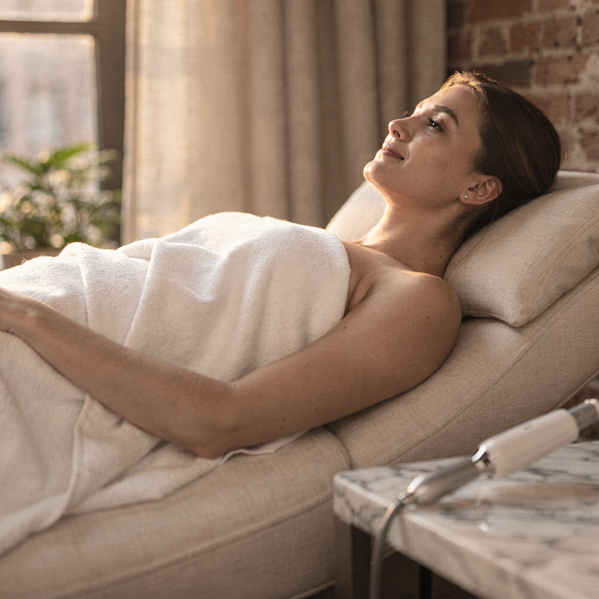 Woman relaxing on a couch after laser skin resurfacing treatment